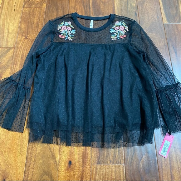 Xhilaration Womens Black Blouse Laced Polka Dot Long Sleeve NWT Size Large - Picture 1 of 9